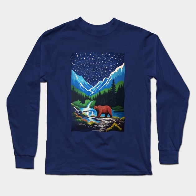 Grizzly Bear Mountains Lake Trees Stars in the Night Sky Long Sleeve T-Shirt by Pine Hill Goods